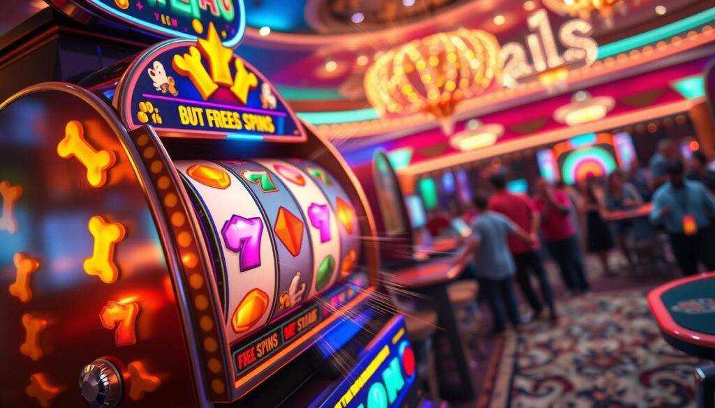 A vibrant and enchanting scene showcasing a "free spins multihold" feature from a casino slot game. In the foreground, visualize a colorful slot machine adorned with enticing symbols like golden bones, sparkling gems, and playful dog characters, illuminated by warm golden lights. The middle layer features the spinning reels in action, with animated symbols suggesting the excitement of free spins, accented by dynamic motion lines to evoke energy. In the background, create a dreamy casino ambiance complete with blurred lights and a soft focus on excited players cheering in the distance. The mood is exhilarating and festive, captured in bright neon colors with a slight lens flare effect to enhance the magical atmosphere. Use a high-angle perspective to encompass the entire scene while emphasizing the allure of winning potential.