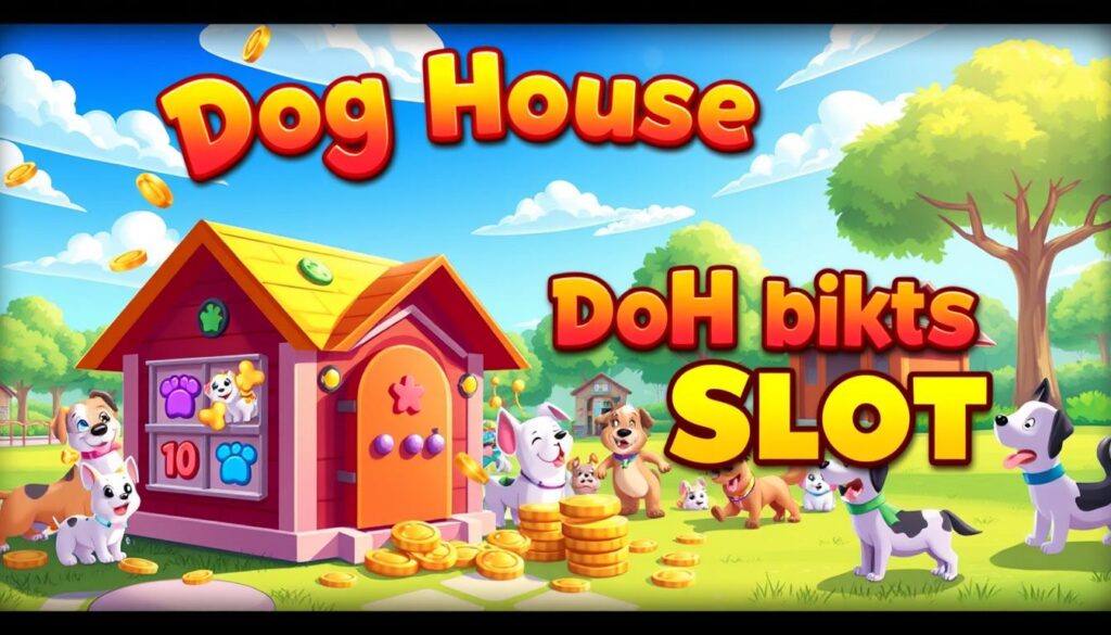 A vibrant and whimsical illustration of the "Dog House Multihold Slot," featuring a charming, cartoonish slot machine designed to resemble a playful dog house. In the foreground, the slot machine has colorful symbols, such as cute dogs, dog bones, and paw prints, with shiny coins spilling out from the sides. The middle ground includes a lively scene with animated dogs happily surrounding the machine, some wagging their tails and others playfully interacting. In the background, a sunny park setting with bright blue skies, fluffy clouds, and green trees creates a cheerful atmosphere. The lighting is soft and inviting, suggesting a fun, lighthearted mood. The angle is slightly elevated, providing a clear view of the slot machine and its joyful companions. No text or watermarks present.
